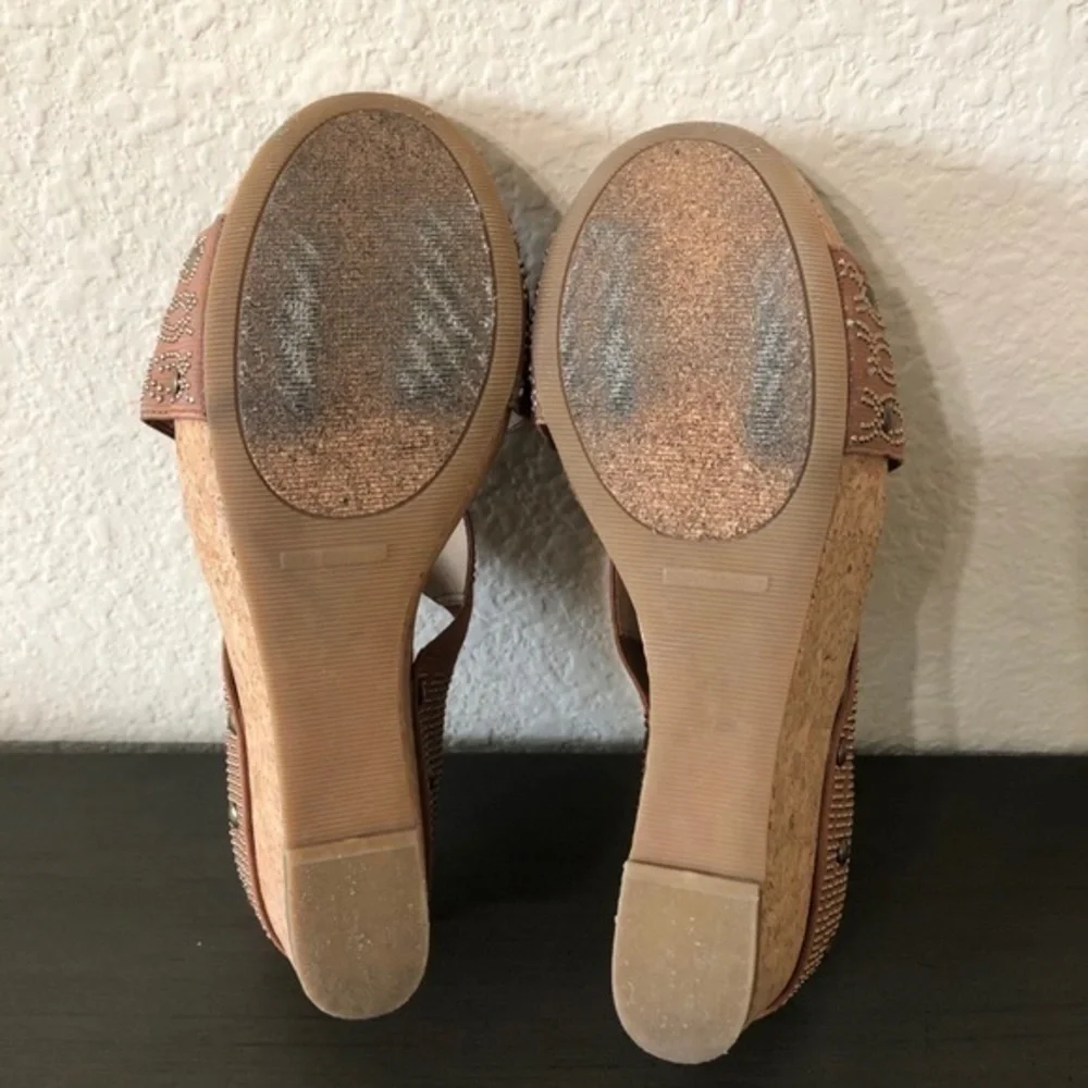 Lucky Brand Miller Brown Fabric Studs Cork Wedges